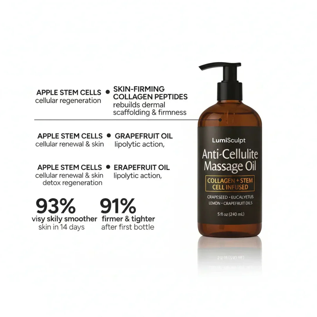 LumiSculpt Anti-Cellulite Massage Oil bottle with collagen, stem cells, and natural oils benefits.