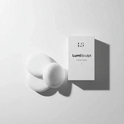 LumiSculpt 4 Smart Pads white packaging with three white skincare pads on a white surface