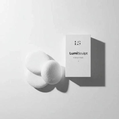LumiSculpt 4 Smart Pads white packaging with three white skincare pads on a white surface