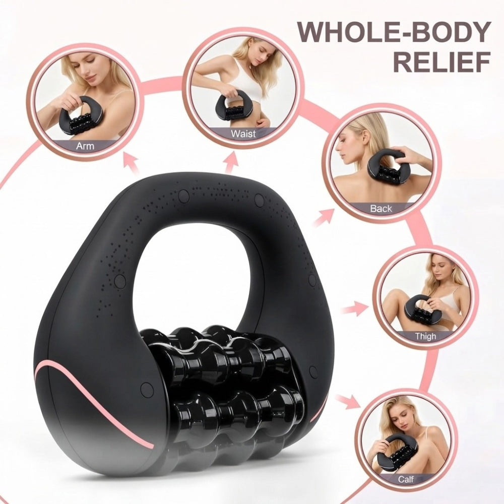 A black whole-body rolling massage device with pink accent lines, shown on a white background with circular inset photos demonstrating use on the arm, waist, back, thigh, and calf. The text 'WHOLE-BODY RELIEF' appears at the top right.