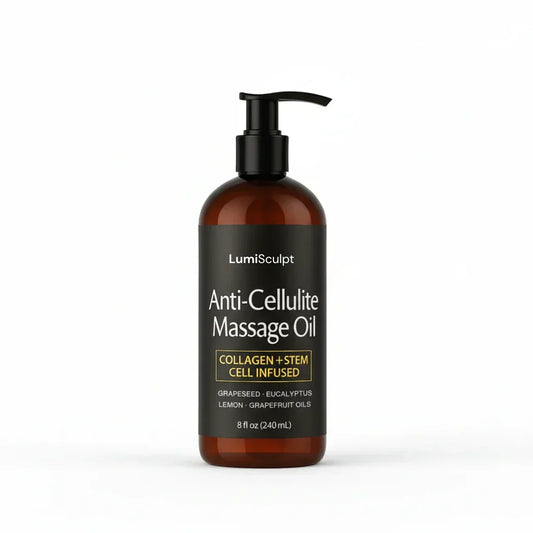 LumiSculpt Anti-Cellulite Massage Oil bottle with collagen and stem cell infused label