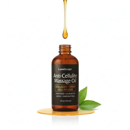 LumiSculpt Anti-Cellulite Massage Oil bottle with drop, leaf, and oil spill on white background