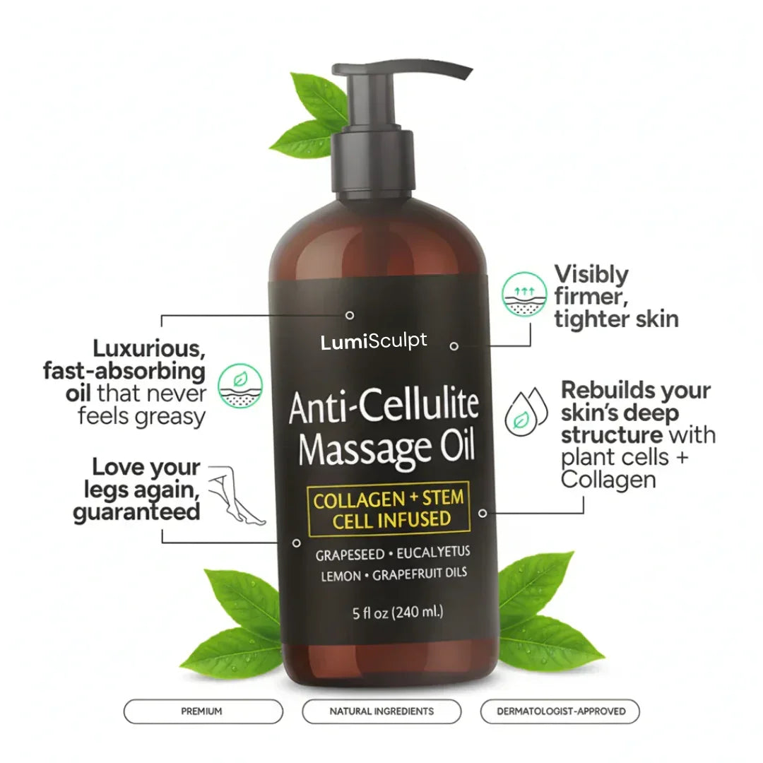 LumiSculpt Anti-Cellulite Massage Oil bottle with collagen, stem cells, natural ingredients.
