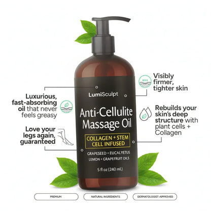 LumiSculpt Anti-Cellulite Massage Oil bottle with collagen, stem cells, natural ingredients.