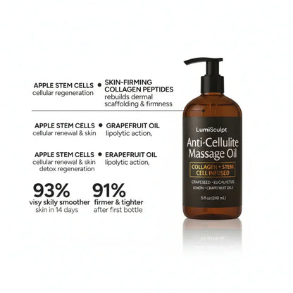 LumiSculpt Anti-Cellulite Massage Oil bottle with collagen, stem cells, and natural oils benefits.