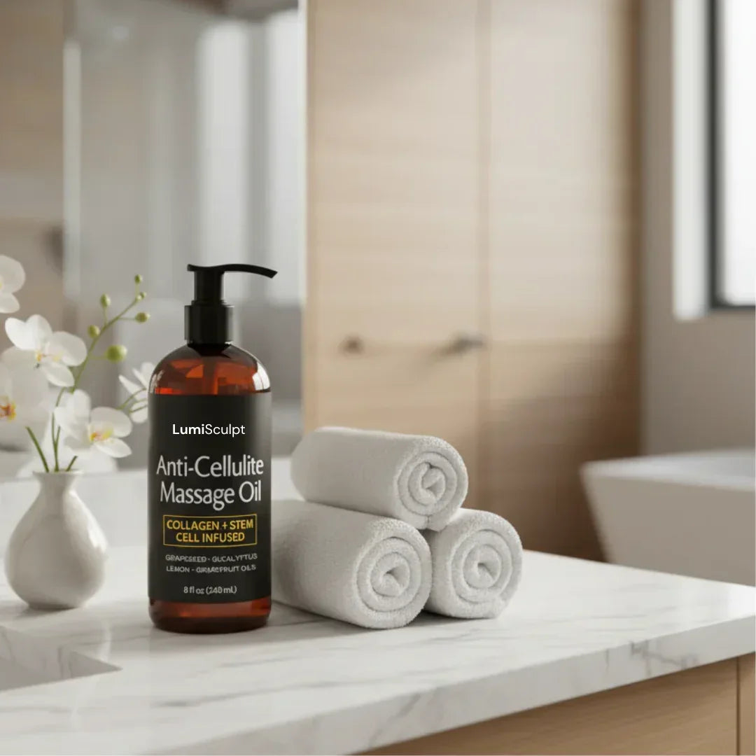 LumiSculpt Anti-Cellulite Massage Oil with towels and white flowers on a bathroom counter