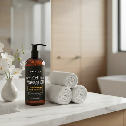 LumiSculpt Anti-Cellulite Massage Oil with towels and white flowers on a bathroom counter